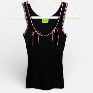 Lucy Love Black Ribbed Tank Top Pink Ribbon Lace Trim USA Size Small
